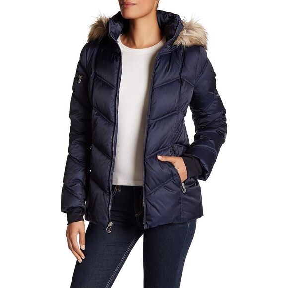 Nautica Nautica. Faux Fur Trim Hooded Puffer Coat, Navy